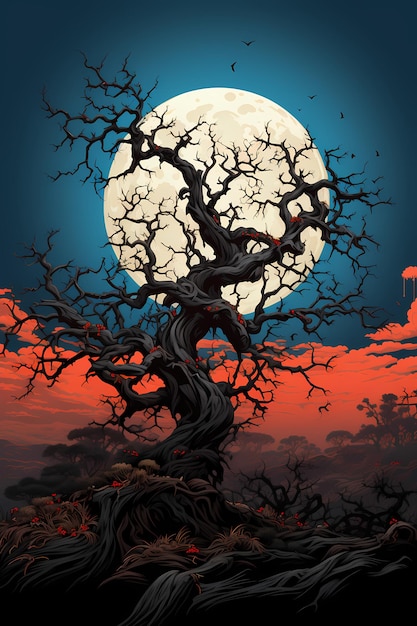T-shirt de noite de árvore da lua desenho ilustração de arte escura