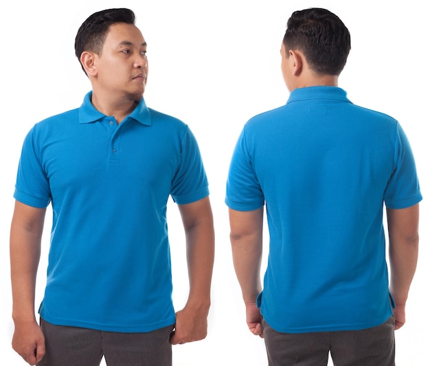 Foto t-shirt de polo azul mock up vista dianteira e traseira modelo de espaço de cópia de design de camisa
