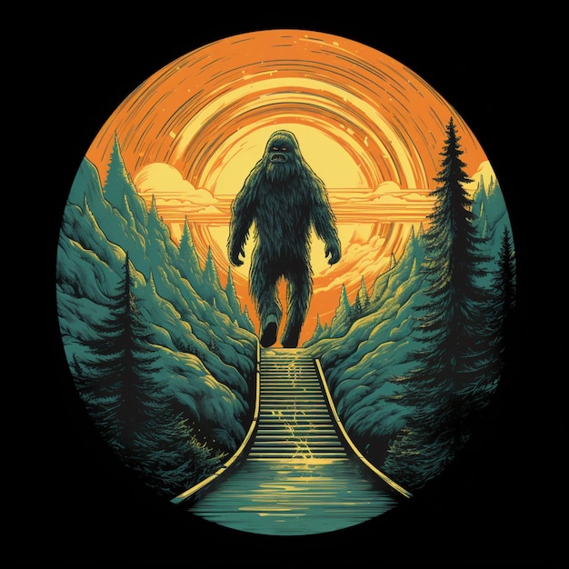 Foto t-shirt de um sasquatch a subir uma rampa para entrar num disco voador alienígena