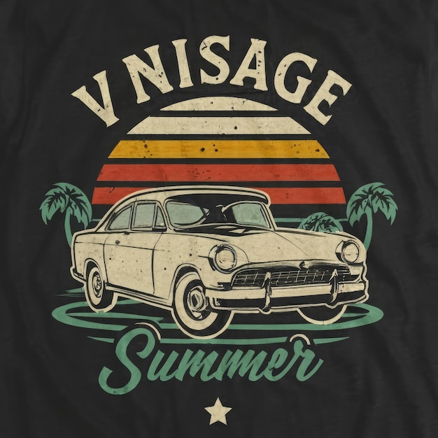 T-shirt de verão carros vintage clássicos estão na praia