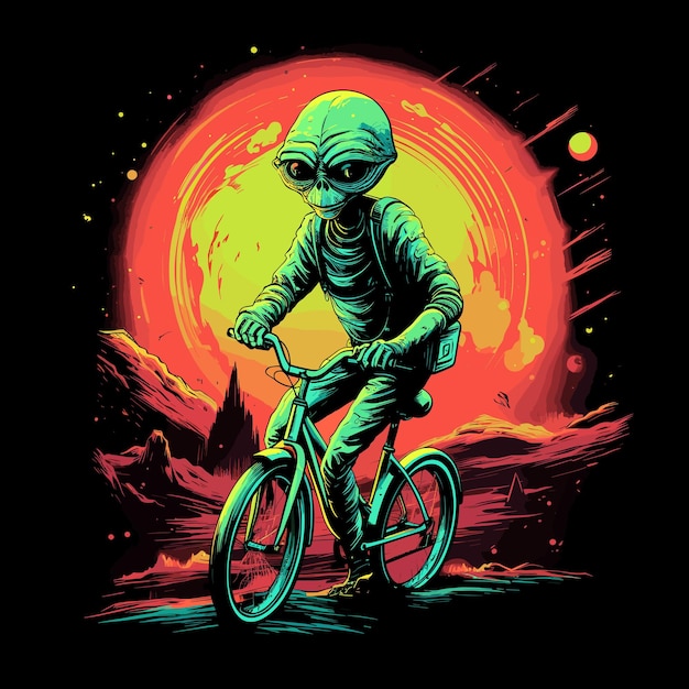 T-Shirt-Design Außerirdischer auf dem Fahrrad