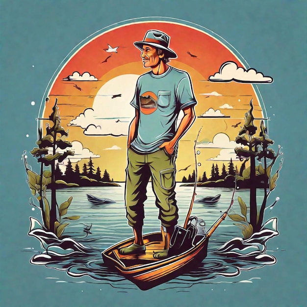 Foto t-shirt-design ein mann fischet illustration im retrostil