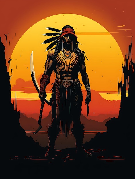 T-Shirt-Design eines Apache-Kriegers mit einem trotzigen Tomahawk-Ausdruck, feuriger Schrei, 2D-Flachvektorkunst