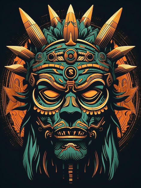 T-Shirt-Design eines aztekischen Kriegers mit einem Jaguar-Kopfschmuck. Fierce Expression Vibr 2D Flat Vector Art