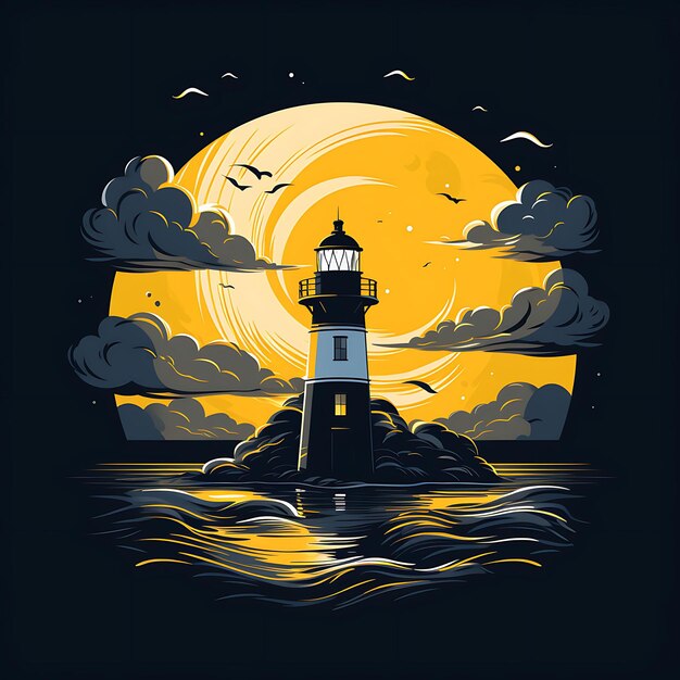 T-Shirt-Design eines Gewitters über einem Leuchtturm am Meer. Lebendiges Gelb und 2D-Flachtintenkunst