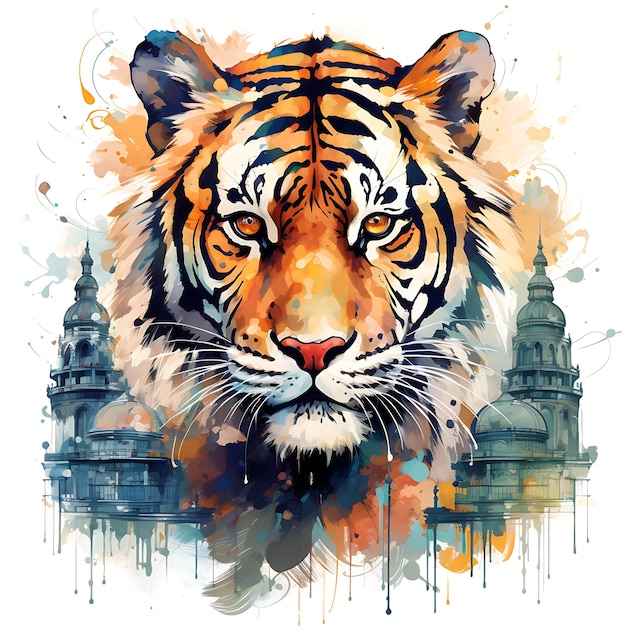 T-Shirt-Design eines Tigerporträts mit Sari-Fierce-Pose, lebendige Farben, Taj Art 2D-Tintenvektor