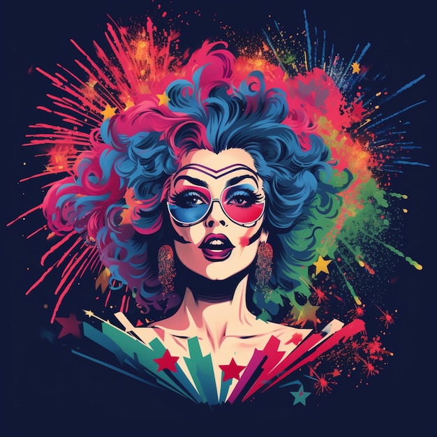 T-shirt design gráfico 4 de julho com fogos de artifício em torno de uma drag queen colorida