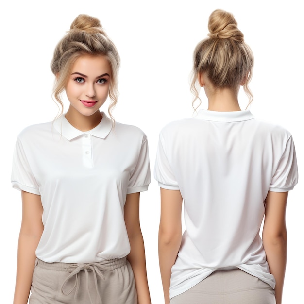 T-Shirt-Design und Menschenkonzept Nahaufnahme eines jungen Mädchens in leerem weißen T-Shirt vorne und hinten isoliert