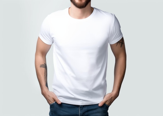 T-Shirt-Design und Menschenkonzept Nahaufnahme eines T-Shirts-Mockups eines jungen Mannes in Blank-Weiß-Schwarz-Grau