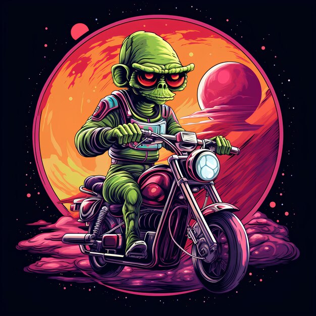 T-Shirt-Design von einem außerirdischen Motorradfahrer in einem Weltraum-Cartoon