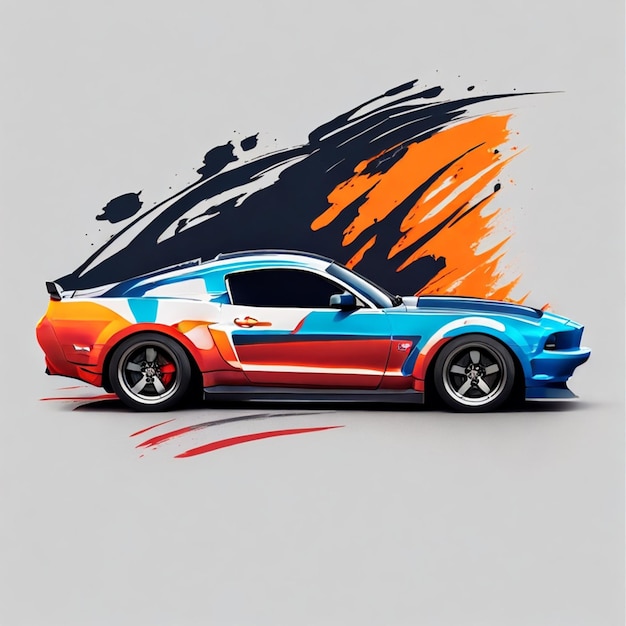 T-Shirt-Designgrafik eines farbigen GTR-Mustang-Autos mit minimalistischem transparentem Hintergrund