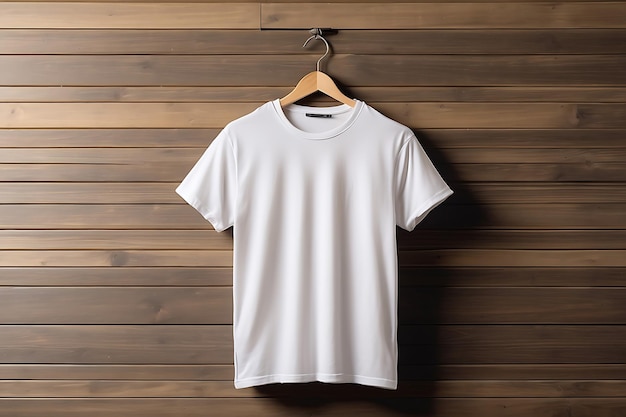 T-shirt em branco em gancho em fundo de madeira