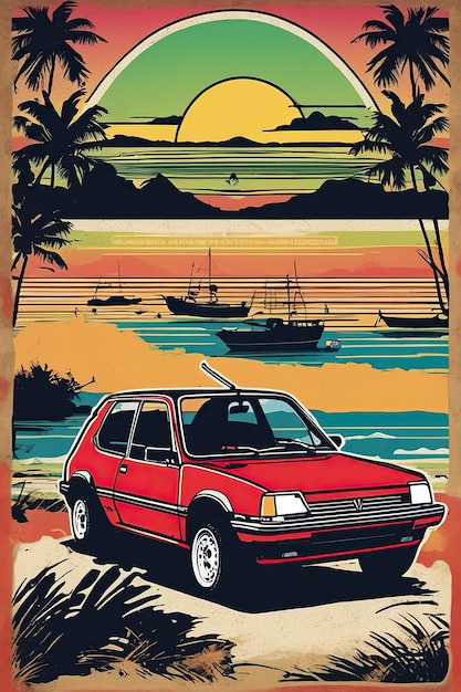 T-Shirt-Illustration Sonnenuntergang in Coron A Reggae Vintage Peugeot