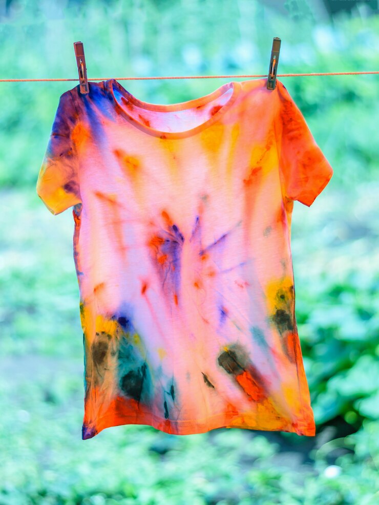 T-Shirt im Tie Dye-Stil gemalt wird an einem Seil getrocknet.