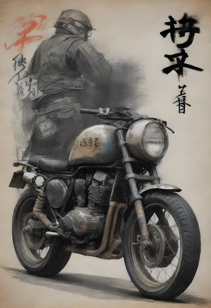 T-shirt japonesa arte motociclista letras kanji