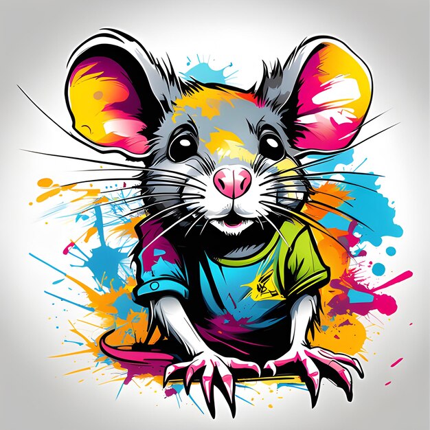 T-Shirt-Kunst, bereit zum Drucken, farbenfrohe Illustration einer niedlichen Ratte, generiert von KI