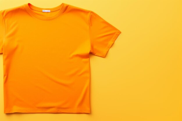 Foto t-shirt laranja vibrante ocupa o centro do palco em estilo plano sobre fundo amarelo ensolarado