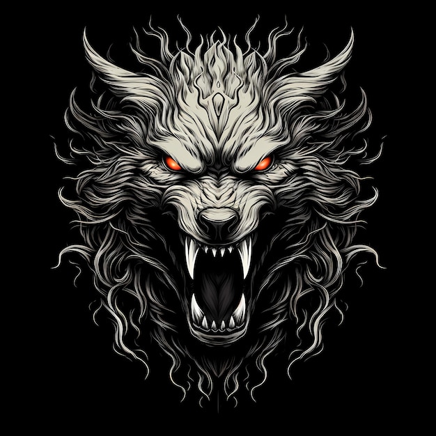 T-Shirt mit dem Kopf eines wütenden Wolfes, Tattoo-Design, dunkle Kunstillustration, isoliert auf schwarzem Hintergrund