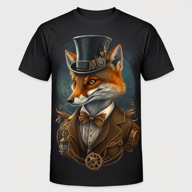 T-Shirt mit einem Bild eines Fox-Gentlemans in einem wunderschönen Hut im Steampunk-Stil