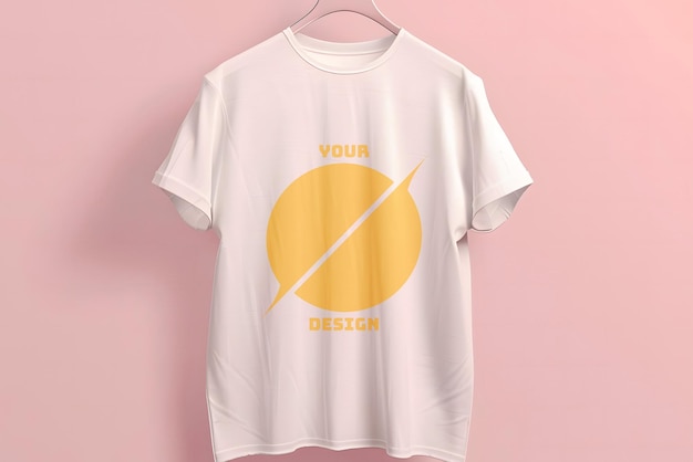 T-shirt Mockup uma camiseta branca com um círculo amarelo na frente e as palavras seu próprio logotipo