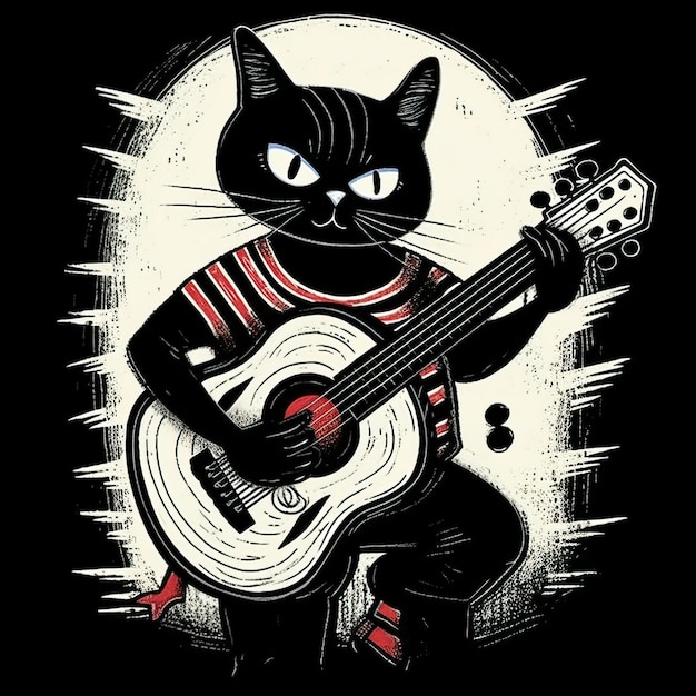 T-shirt mostrando um gato preto divino tocando guitarra