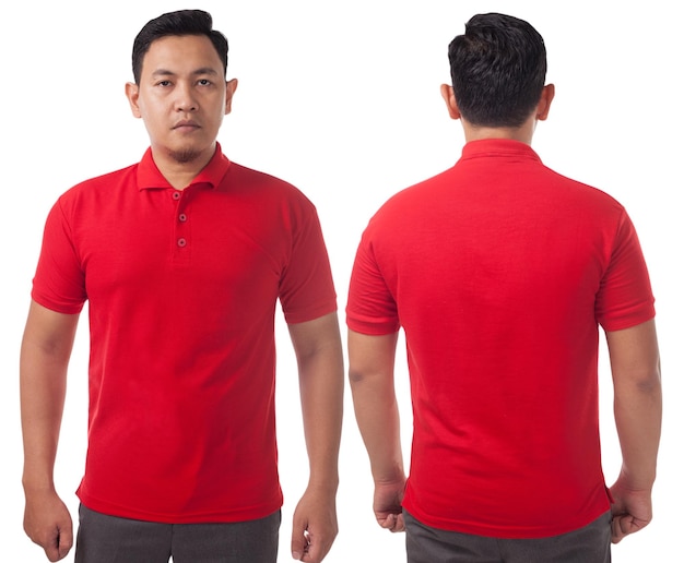 Foto t-shirt polo vermelho mock up vista dianteira e traseira modelo de espaço de cópia de design de camisa