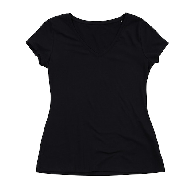 T-shirt preta isolada na frente em fundo branco T-shirt negra isolada em fundo branco Modelo de T-shirt sobre branco