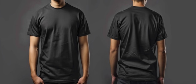 Foto t-shirt preto em branco para homens mostrando vistas dianteiras e traseiras.