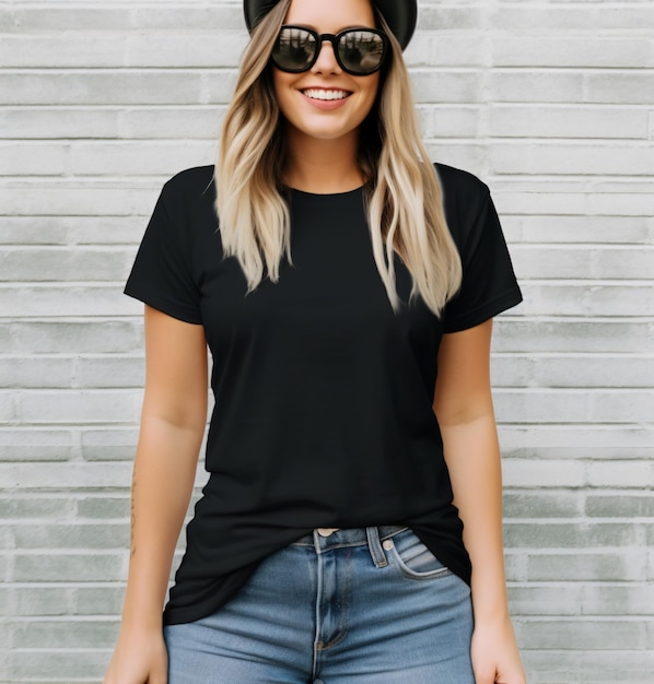 Foto t-shirt preto maquete de uma mulher loira em uma camiseta preta boho elegante e jeans hippie chic