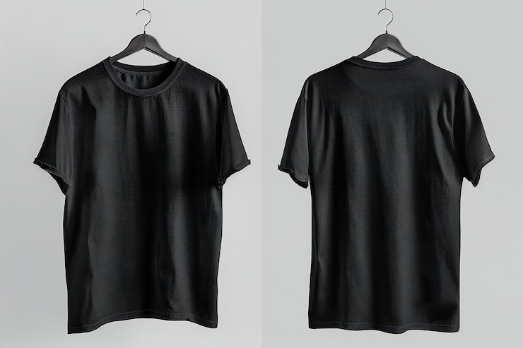Foto t-shirt preto pendurado em um gancho isolado frente e traseira vista modelo de padrão de roupa casual wi