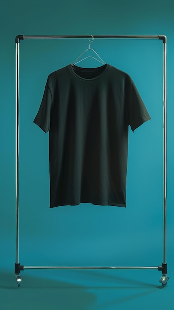 T-shirt preto pendurado no rack de roupas