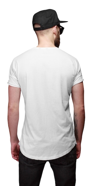 T-Shirt-Rückansicht eines Mannes mit Platz für Ihr Logo oder Design auf weißem Hintergrund