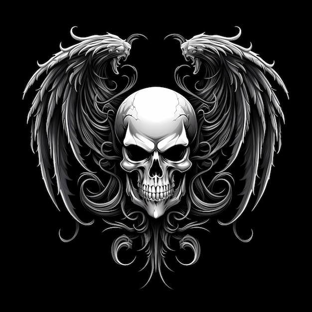 T-shirt de tatuaje de cráneo con alas diseño de arte oscuro ilustración aislada sobre fondo negro
