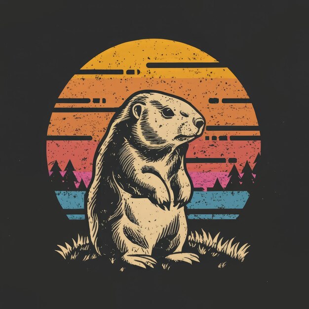 T-shirt vectorial de colores vintage al atardecer diseño de una marmota de pie