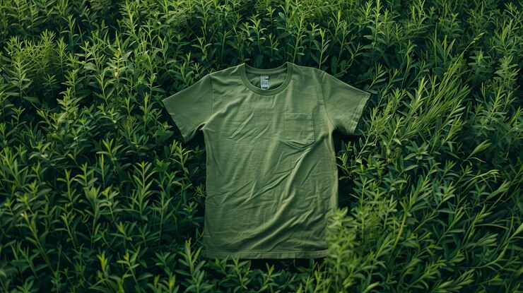 Foto t-shirt verde em fundo de grama no estilo da estética lofi