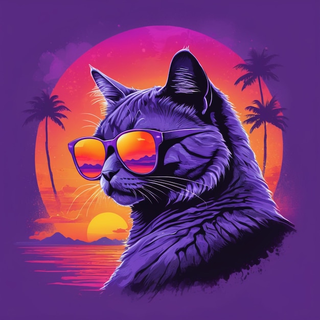 Foto t-shirt vetor 80s synthwave alto detalhe gato roxo com óculos de sol laranja brilhante pôr do sol