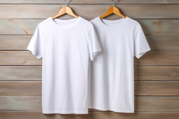 T-shirts brancas em ganchos em fundo de madeira Mockup para design
