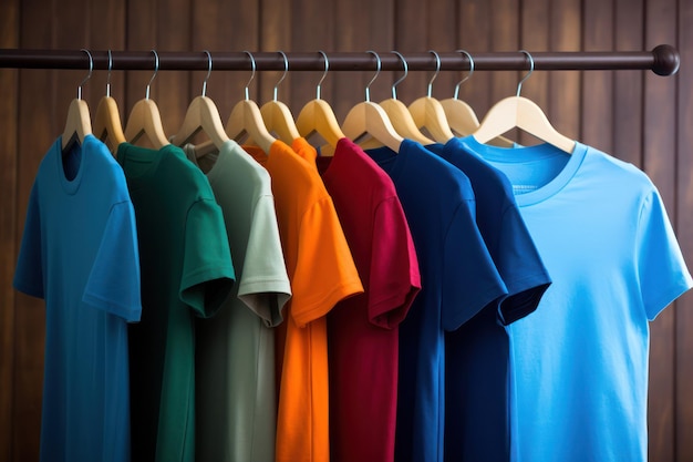 T-shirts brilhantes variados pendurados em prateleiras loja de moda ou organização de guarda-roupa
