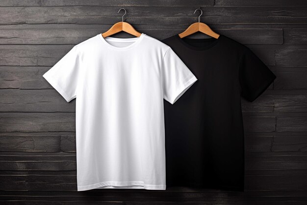 T-shirts de homens pretos e brancos em ganchos em fundo cinzento