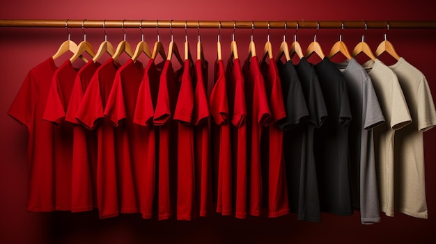 T-shirts em cabides sobre um fundo vermelho Generative Ai