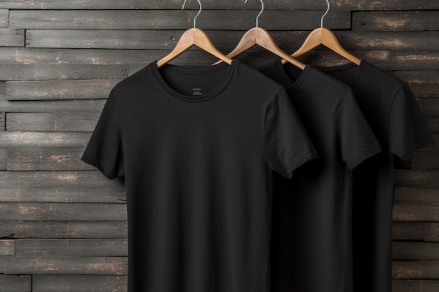 T-shirts pretas em cabides contra a parede de tijolos Mockup para design
