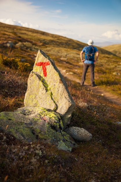 T Zeichen auf Felsen und Wanderer mit Rucksack reisen Berge Dovre