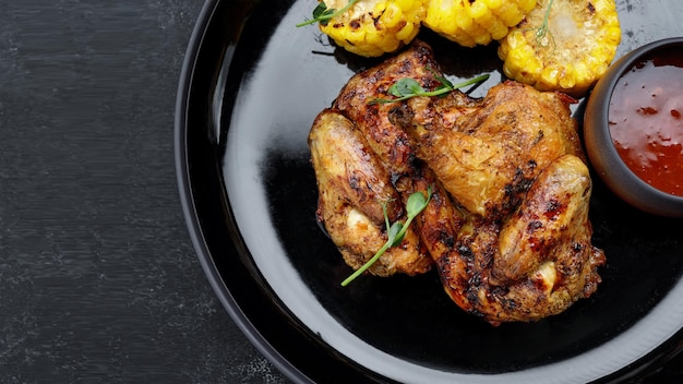 Tabaco de pollo a la parrilla con salsa y maíz sobre un fondo oscuro