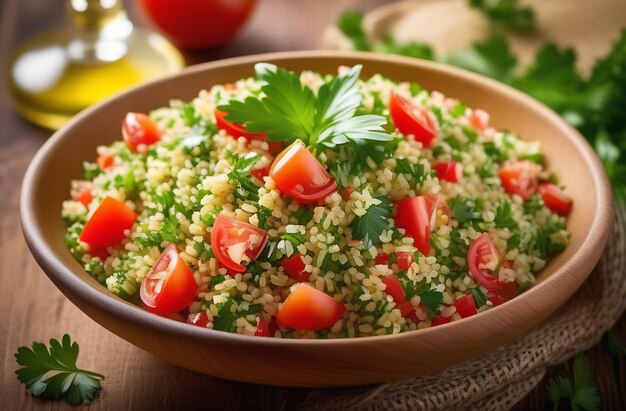 Tabbouleh-Salat mit Bulgur-Tomaten, Petersilie, traditionelles mittelöstliches oder arabisches Gericht, Ramadan-Essen