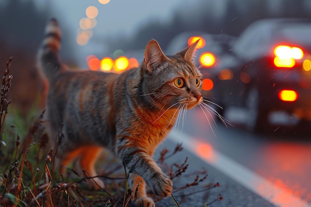 Tabby Cat geht nachts auf der Schneestraße spazieren