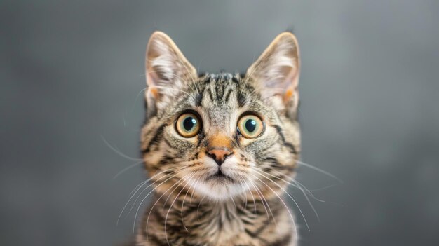 Tabby el gato se sorprendió en el fondo gris