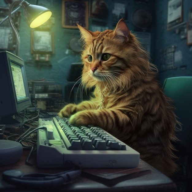 Tabby-Katze schreibt auf einer Tastatur vor einem alten Computerbildschirm, der von KI generiert wurde