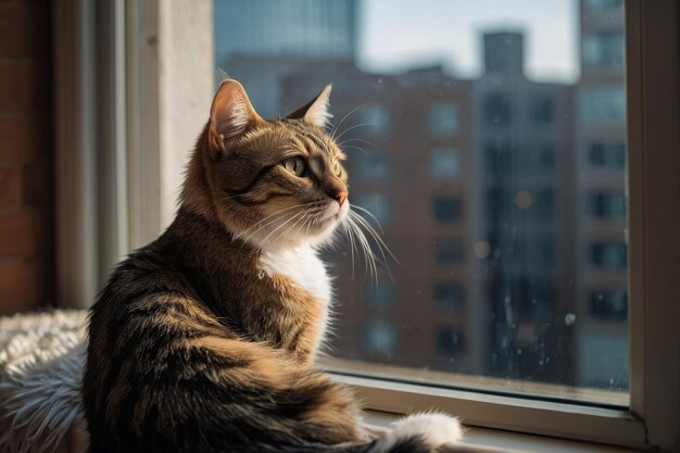 Tabby-Katze sitzt auf einem Holzfensterbrett