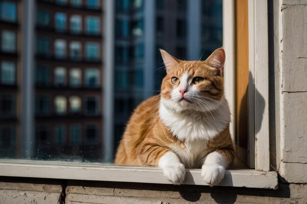 Tabby-Katze sitzt auf einem Holzfensterbrett