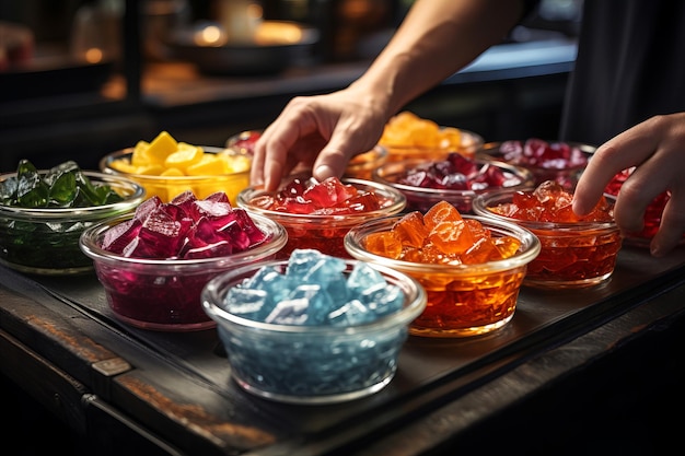 Foto tabela de buffet de doces com geleias coloridas em tigelas de vidro em confeitaria